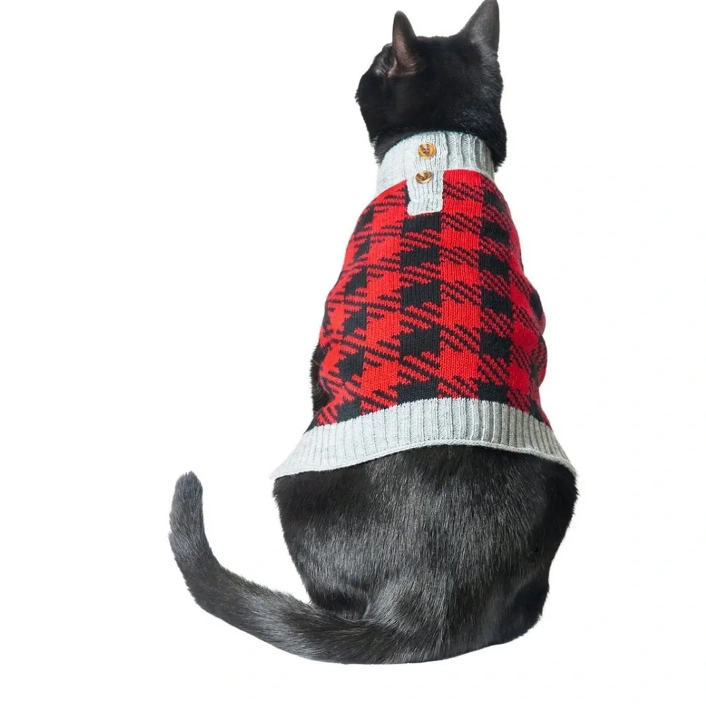 Dog/cat/pet sweater buffalo red black plaid Small 13in back length.